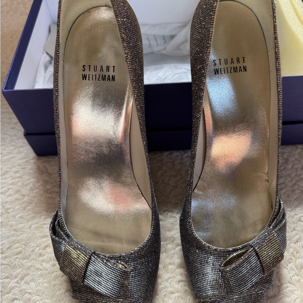 Stuart Weitzman Silver Heels with Bow Detail